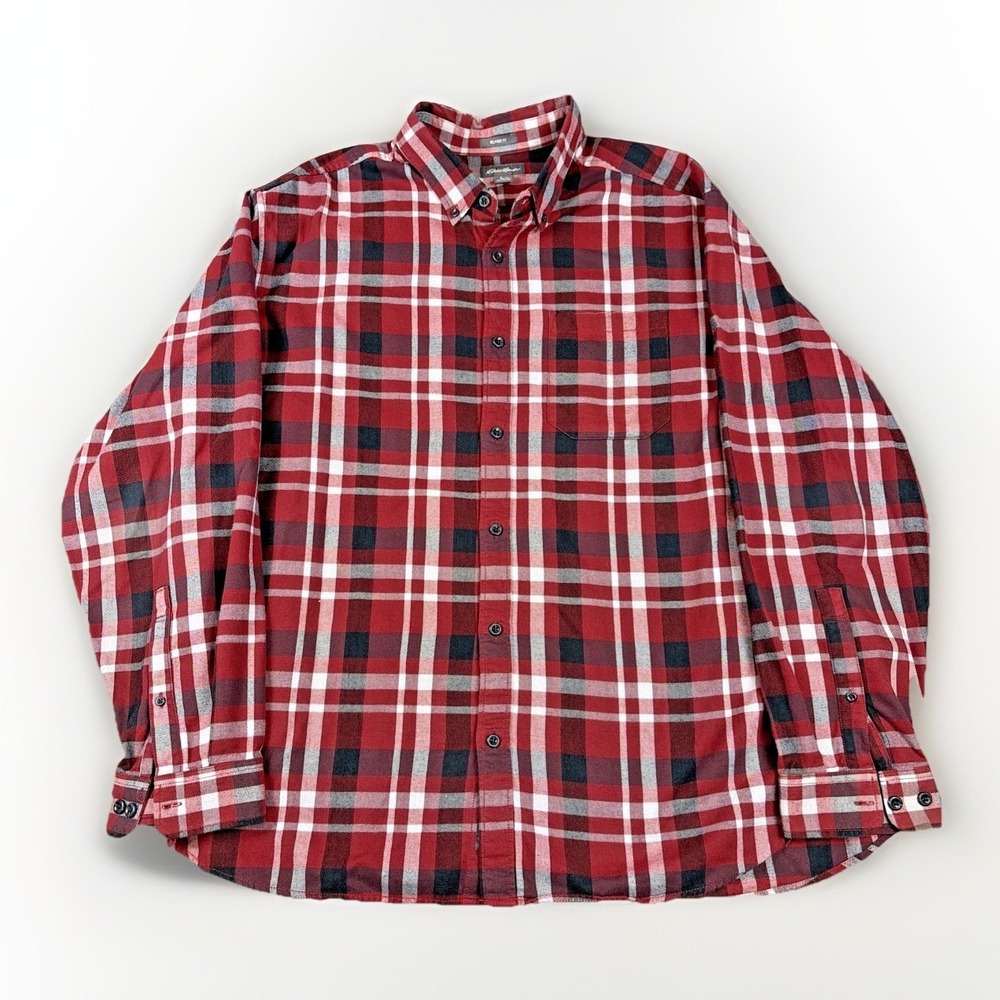 Eddie Bauer Flannel‎ Shirt Mens 2XL Red Plaid Relaxed Fit Cotton Button Down